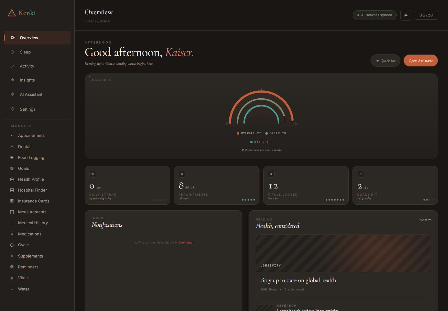 Kenki dashboard overview showing health metrics, navigation, sync status, and dashboard cards.