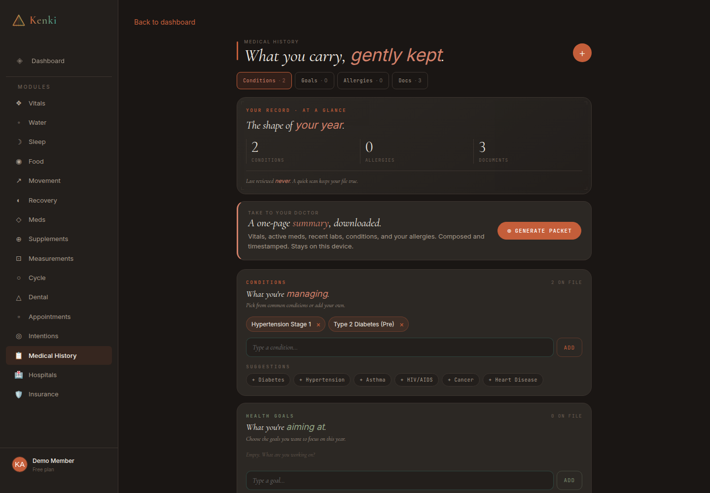 Current Kenki Medical History page with test conditions, documents, and doctor packet tools.